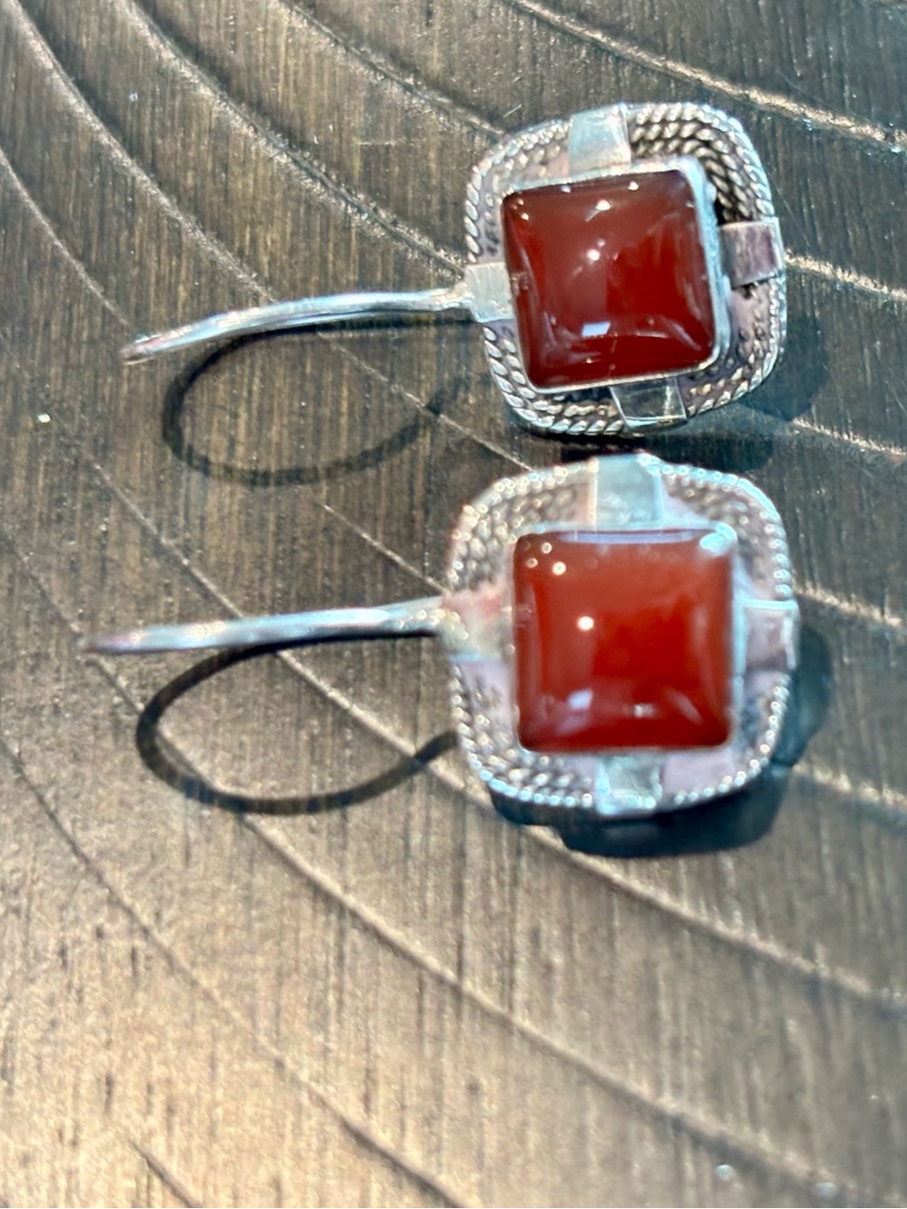 Vintage Sterling Silver Red Carnelian Square Drop Earrings
